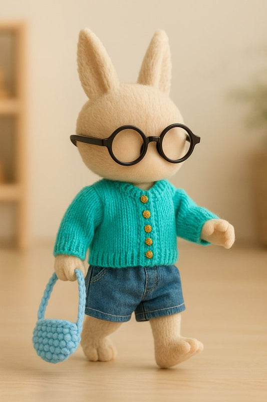 Labubu Outfit -  Compleet outfitje: gebreid turquoise topje, denim short, bril en gehaakte tas