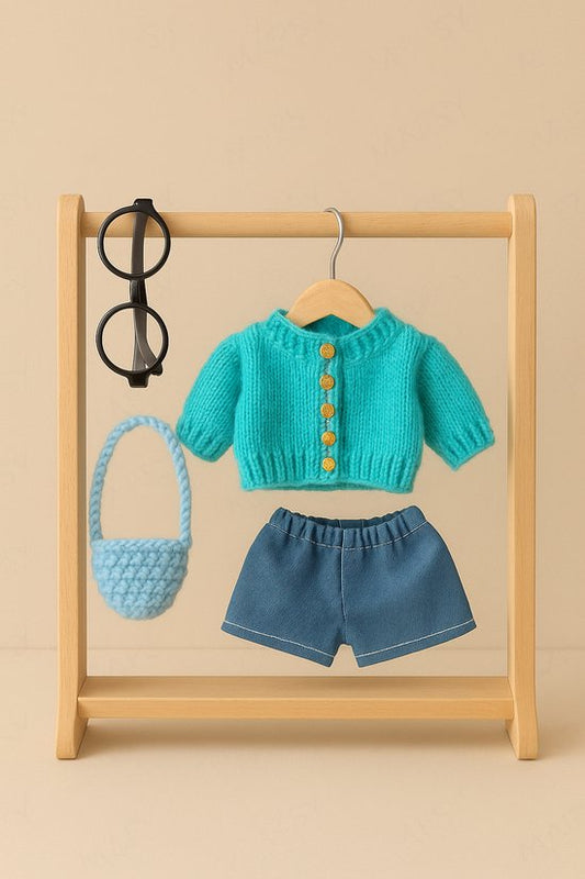 Labubu Outfit -  Compleet outfitje: gebreid turquoise topje, denim short, bril en gehaakte tas