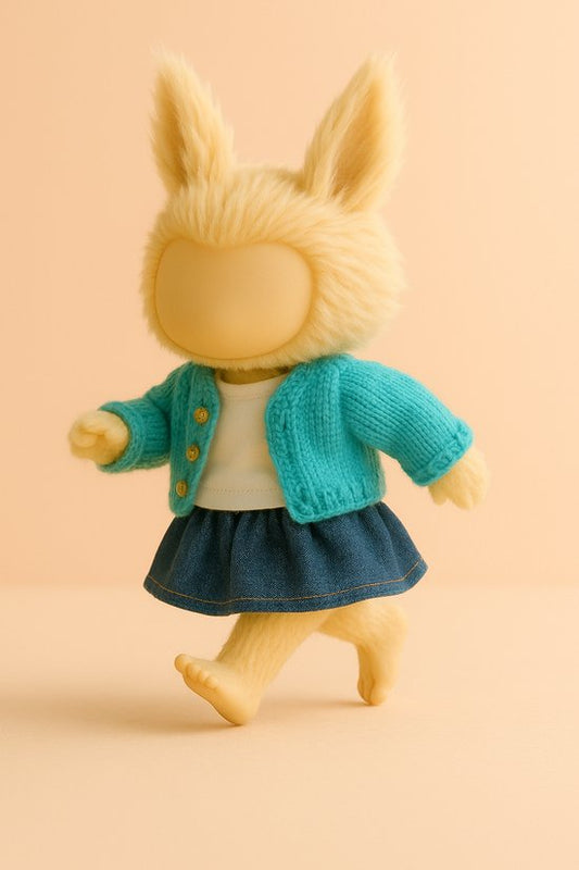 Labubu Outfit -  Blauw gebreid vestje met witte top en denim rokje