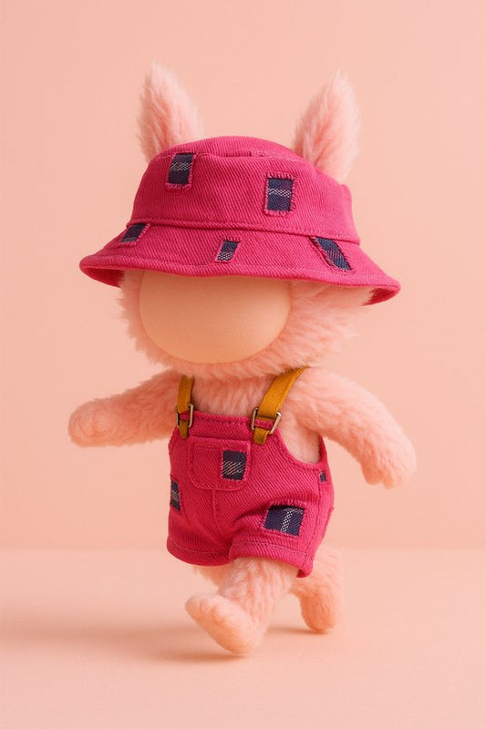 Labubu Outfit -  Roze patchwork tuinbroek met bijpassende bucket hat