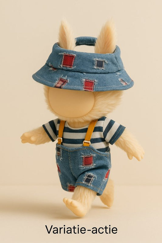 Labubu Outfit -  Denim patchwork tuinbroek met bijpassende bucket hat