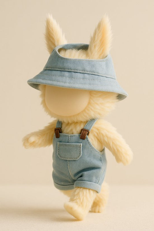 Labubu Outfit -  Lichtblauwe denim tuinbroek met bijpassende bucket hat