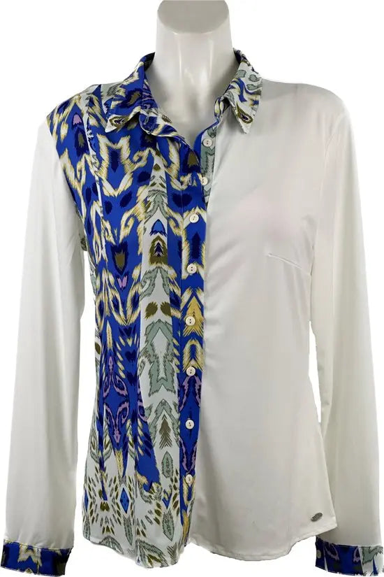 Angelle Milan - Blouse in 50/50 Blauw/Beige voor Dames - Travelstof - Comfort - Strijkvrij - Duurzaam - Maat L - In 5 maten!