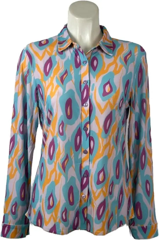 Angelle Milan - Multiblauwe/Oranje travelstof Blouse voor Dames - Travelstof - Ademend - Kreukherstellend - Duurzaam - in 5 maten! - Mapsy B.V