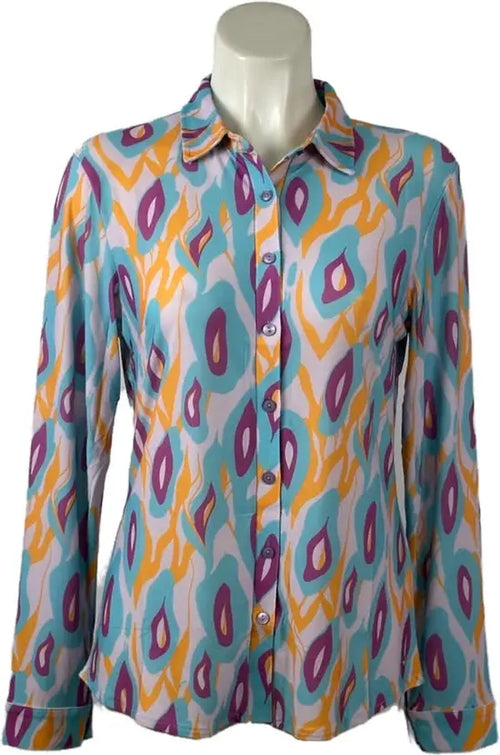 Angelle Milan - Multiblauwe/Oranje travelstof Blouse voor Dames - Travelstof - Ademend - Kreukherstellend - Duurzaam - in 5 maten! - Mapsy B.V