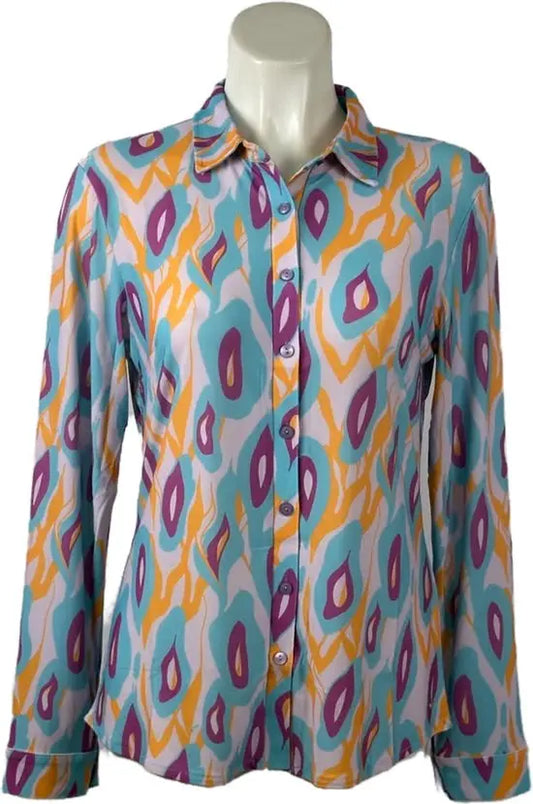 Angelle Milan - Multiblauwe/Oranje travelstof Blouse voor Dames - Travelstof - Ademend - Kreukherstellend - Duurzaam - in 5 maten! - Mapsy B.V