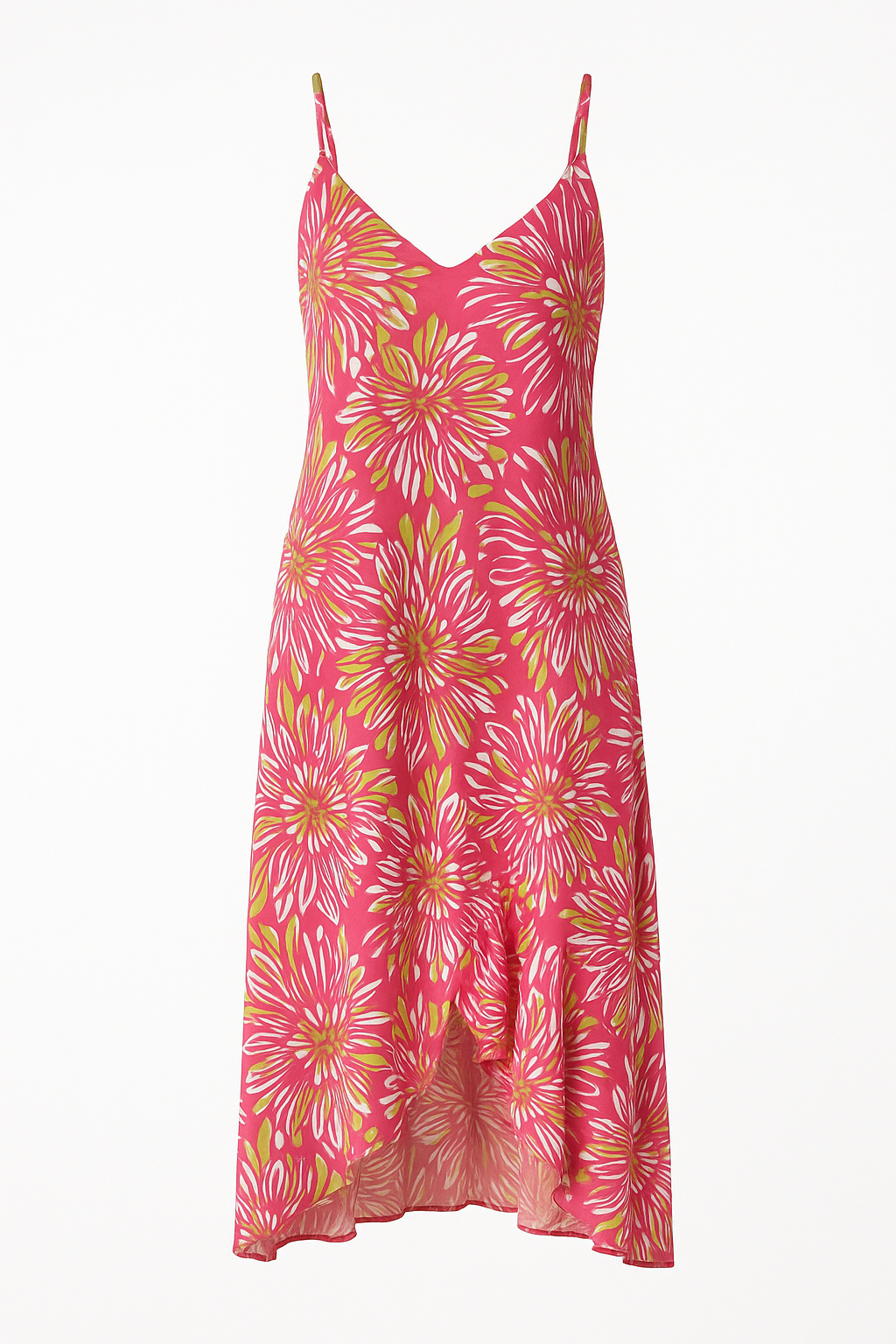 Angelle Milan Maxi Jurk – Koraalroze Tropenprint – Spaghettibandjes – Travelstof – V-ruffle Zoom – Maten S t/m XXL - Mapsy B.V
