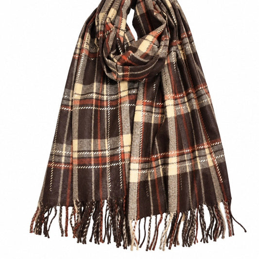 Geruite Tartan Sjaal met Franjes in Bruin