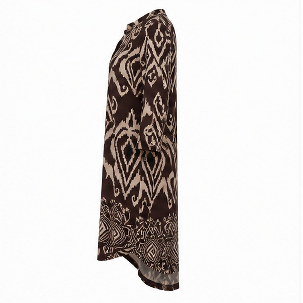 Angelle Milan Travelstof Tuniek - Chocoladebruin Taupe Ikatprint met Zakken