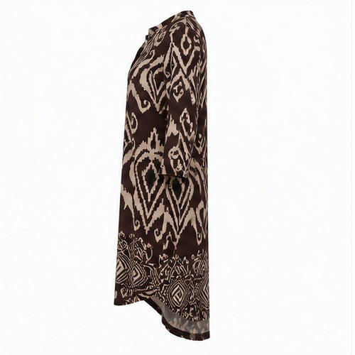 Angelle Milan Travelstof Tuniek - Chocoladebruin Taupe Ikatprint met Zakken