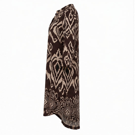 Angelle Milan Travelstof Tuniek - Chocoladebruin Taupe Ikatprint met Zakken