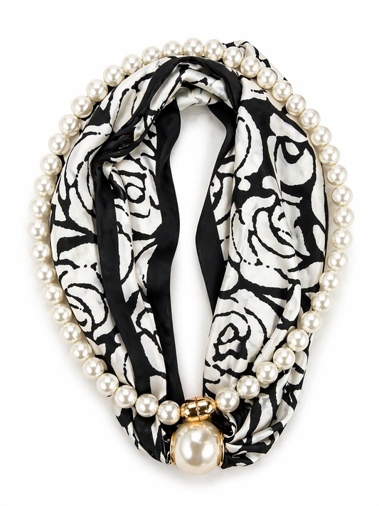 HS Parelsjaal + Ketting - In 9+ Kleuren - Incl. Magneet Parel Ketting! - Zwart/Wit