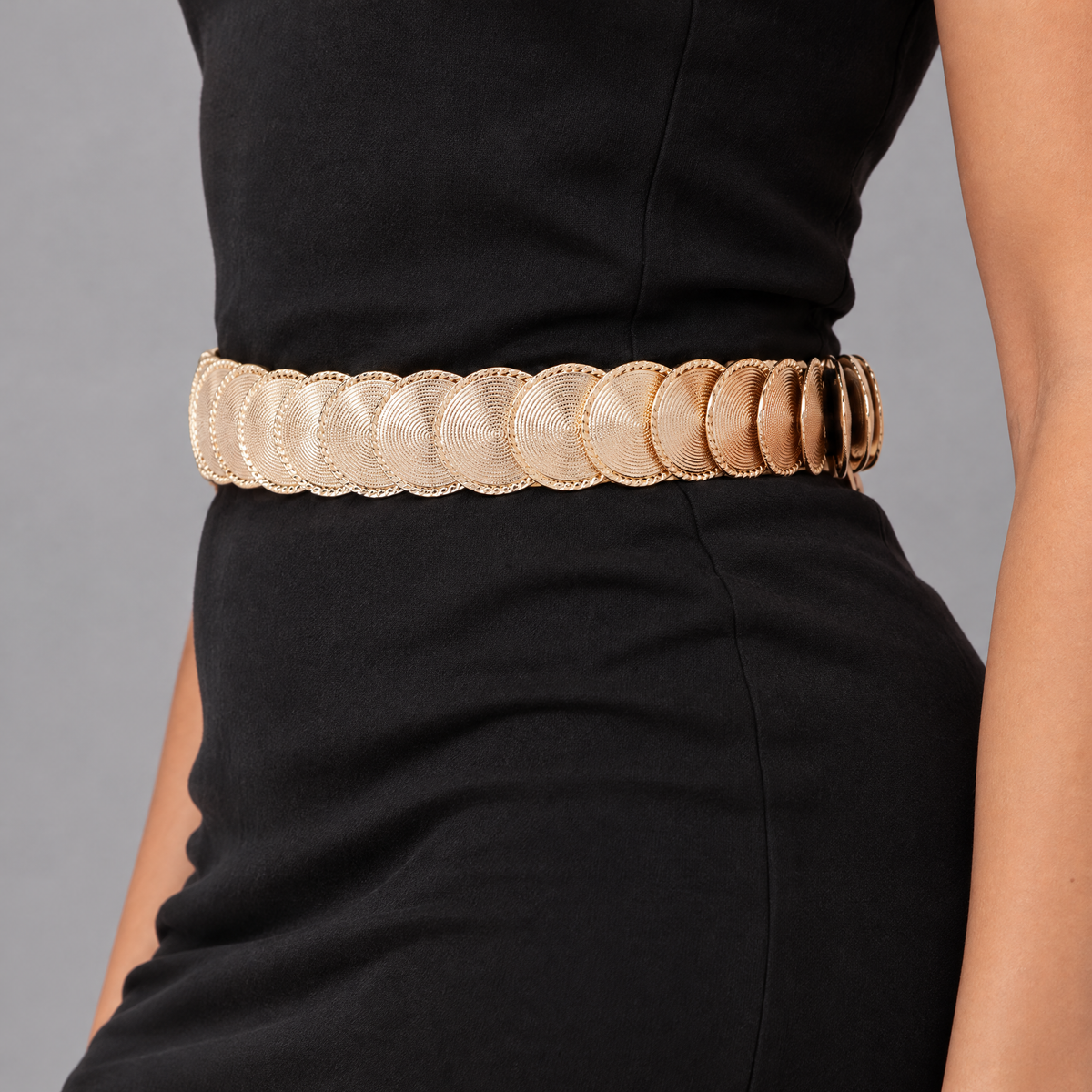 Elastische Riem met Gouden Ronde Schijfjes - 72 cm