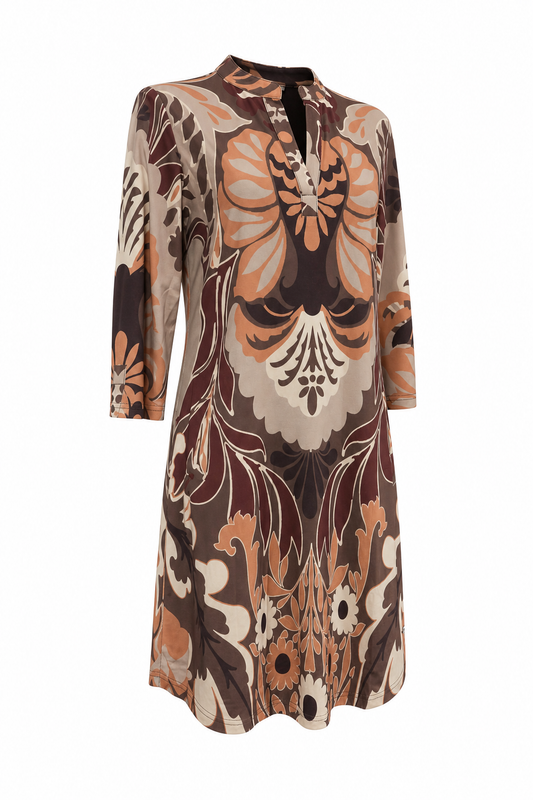 Angelle Milan Travelstof Jurk - Bruin Perzik Ornamentprint