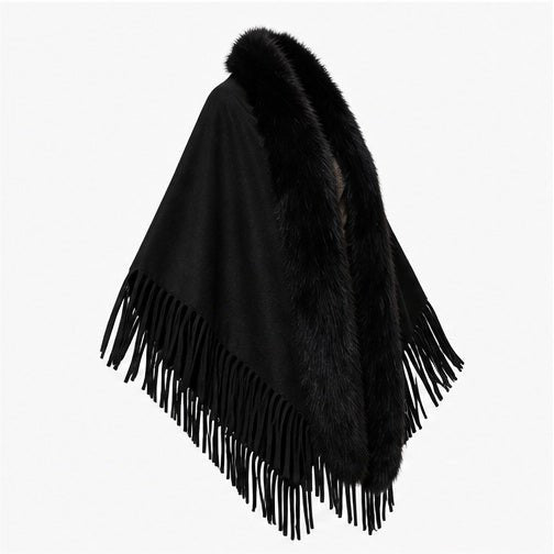 Suedine Driehoek Poncho met Franjes & Faux Fur Kraag