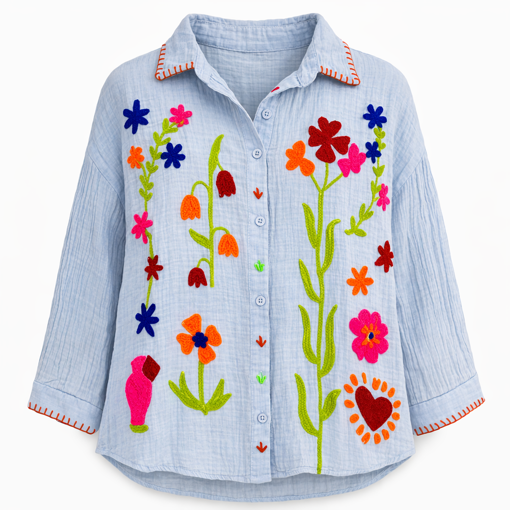 HS Blouse - In 3 Kleuren - Handmade Floral - Blauw