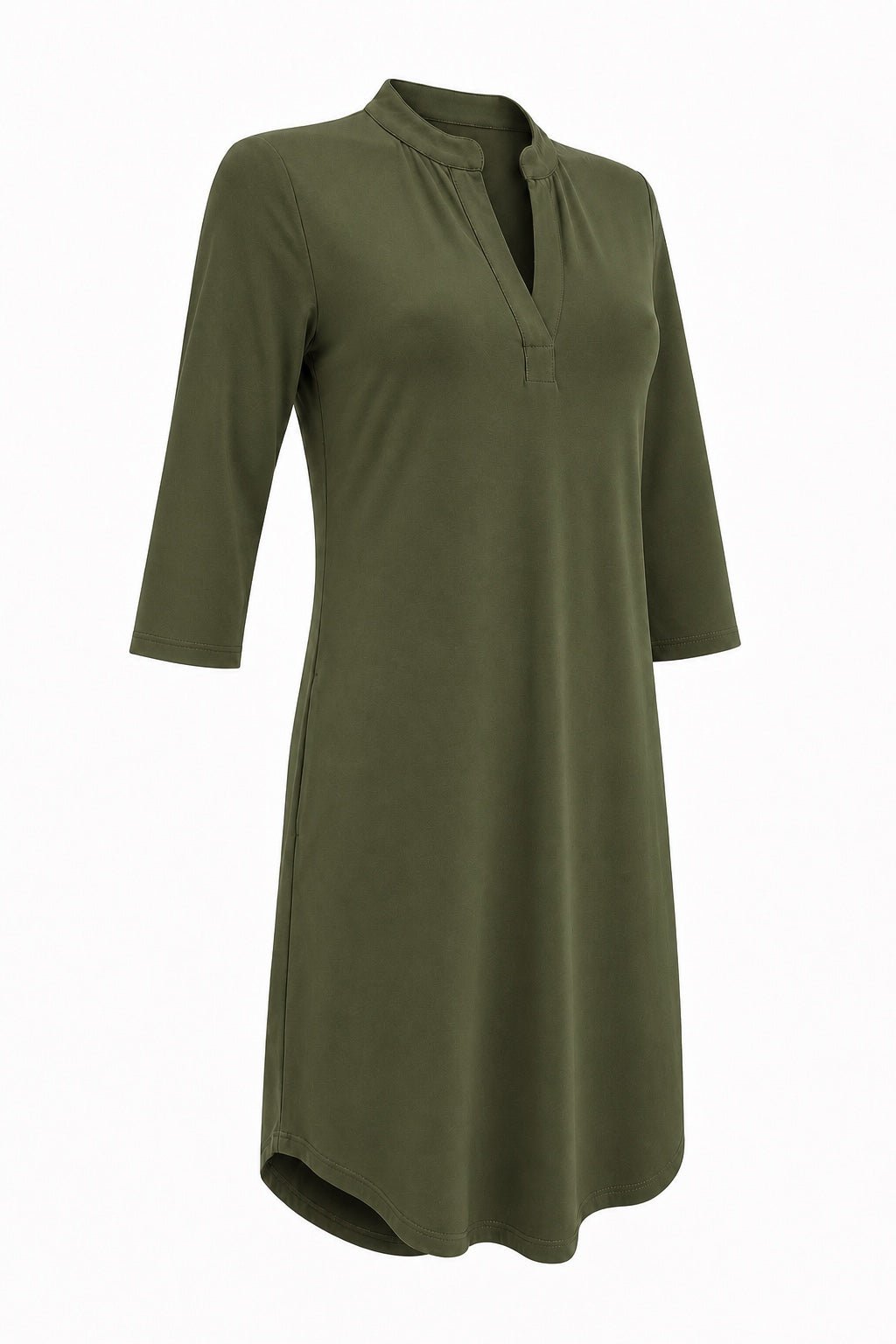 Angelle Milan Travelstof Jurk - Army Groen Effen - Driekwart Mouw