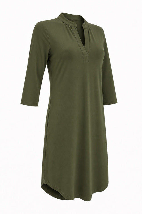 Angelle Milan Travelstof Jurk - Army Groen Effen - Driekwart Mouw