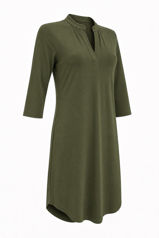 Angelle Milan Travelstof Jurk - Army Groen Effen - Driekwart Mouw