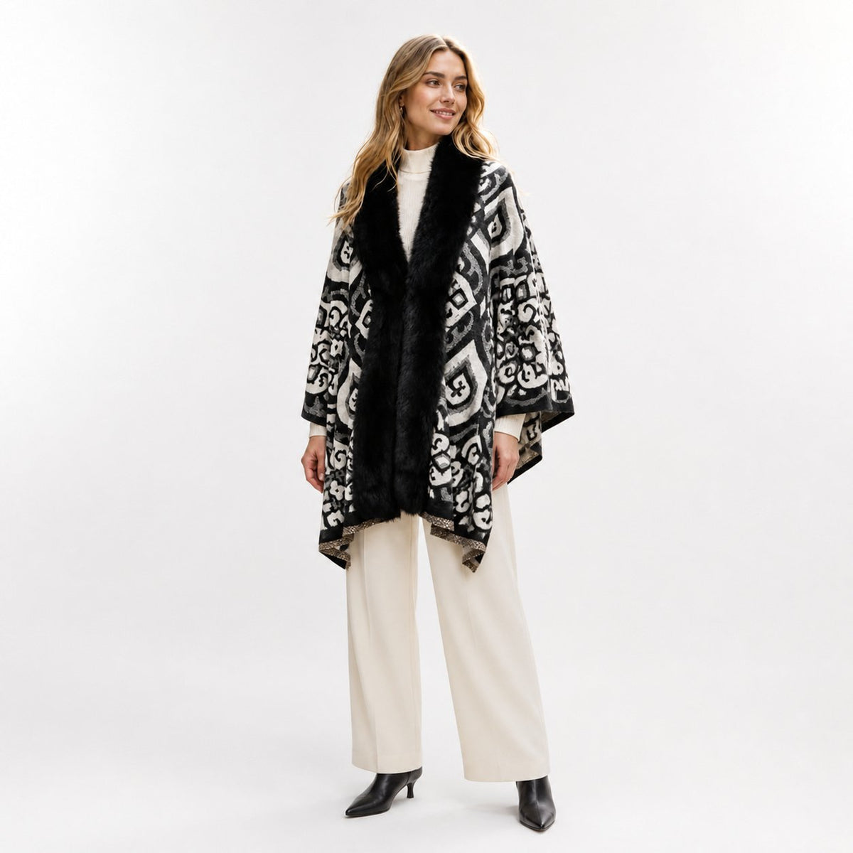 Geometrische Stola met Faux Fur Rand - 60x200 cm