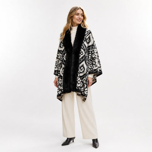 Geometrische Stola met Faux Fur Rand - 60x200 cm