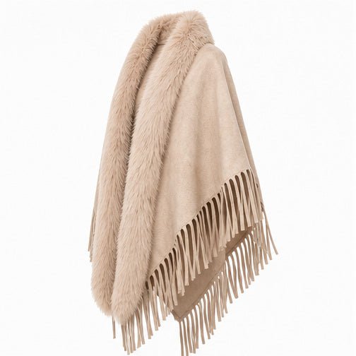 Suedine Driehoek Poncho met Franjes & Faux Fur Kraag