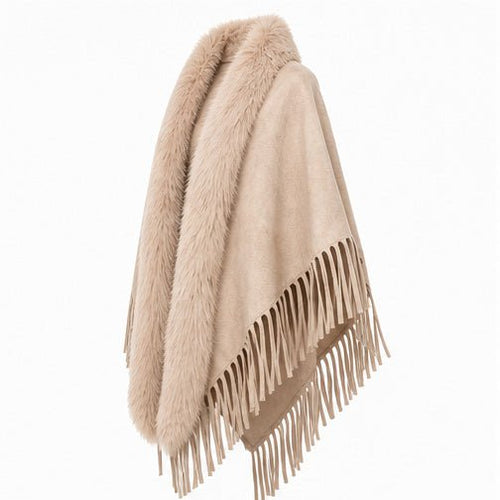 Suedine Driehoek Poncho met Franjes & Faux Fur Kraag