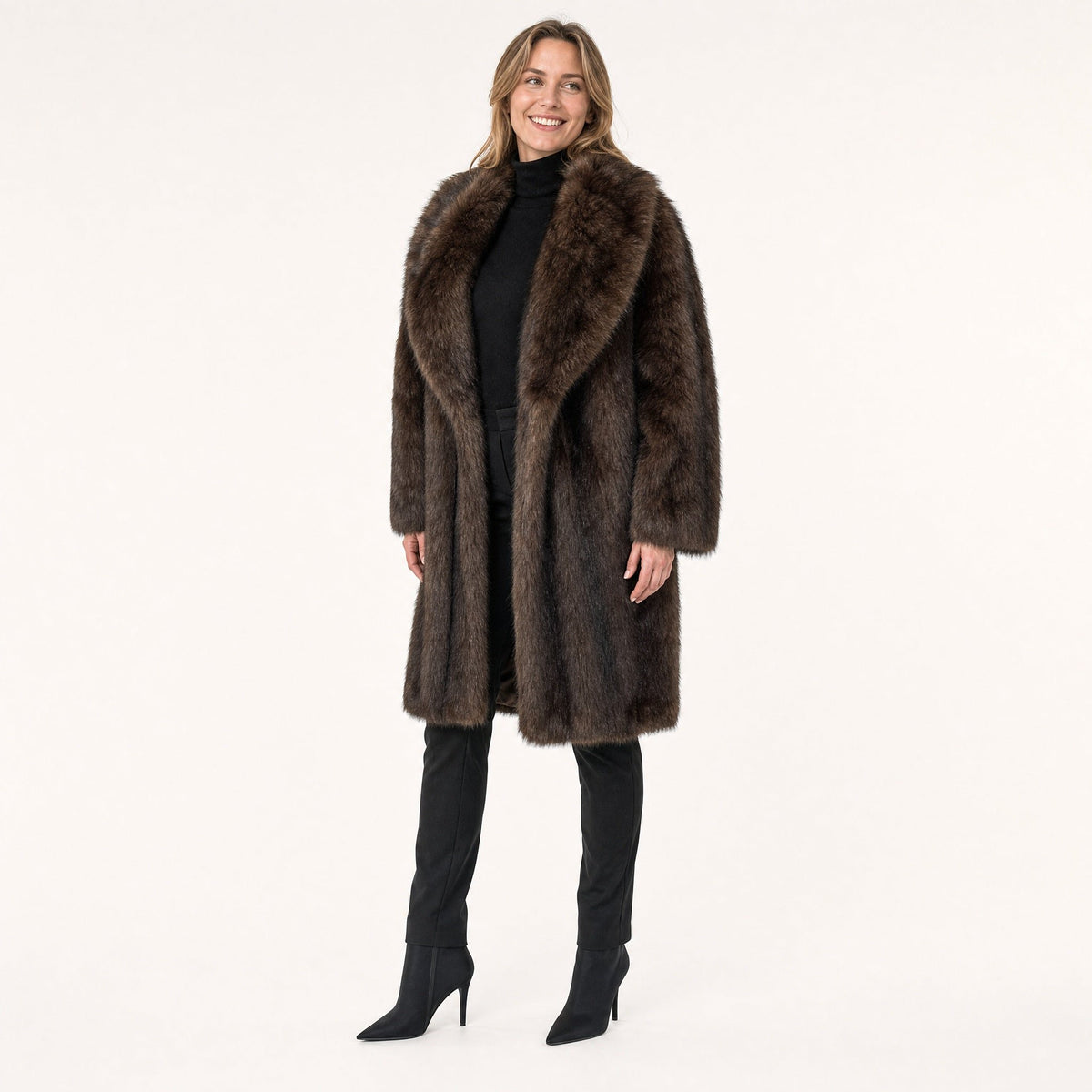 Lange Faux Fur Jas - One Size - Donkerbruin & Camel