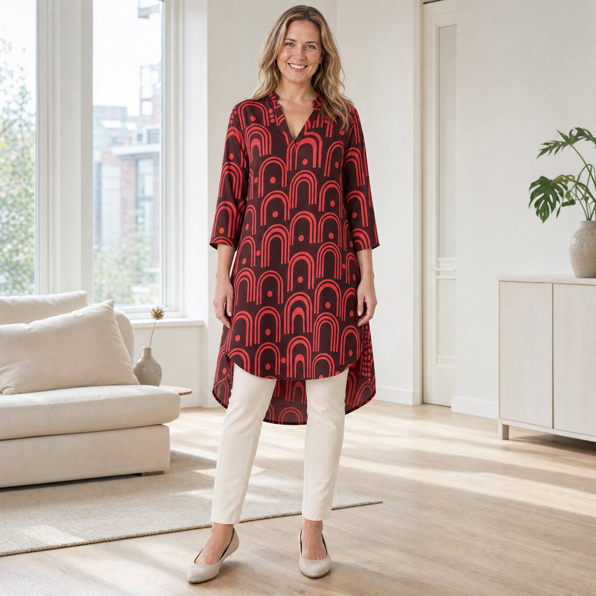 Angelle Milan Travelstof Tuniek - Bordeaux Koraal Grafische Print