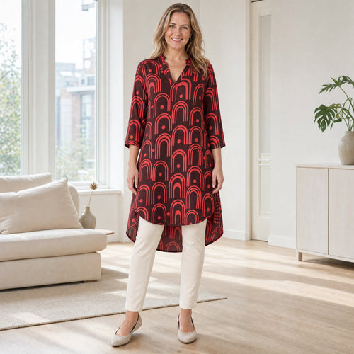 Angelle Milan Travelstof Tuniek - Bordeaux Koraal Grafische Print