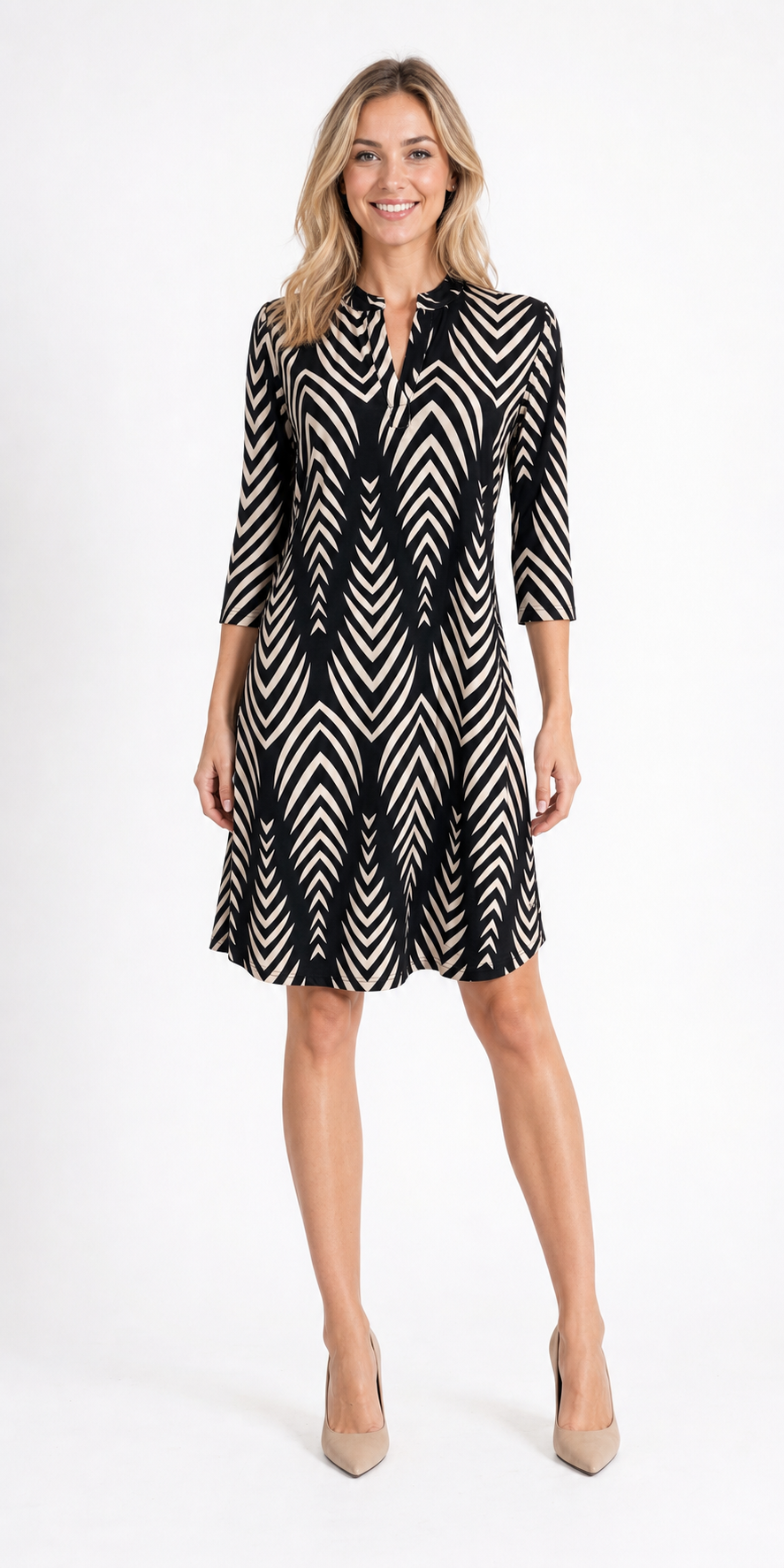 Angelle Milan Travelstof Jurk - Zwart Crème Chevronprint