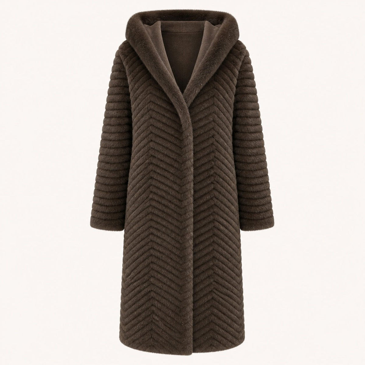 Lange Geribbelde Faux Fur Jas - Capuchon - One Size - Donkerbruin