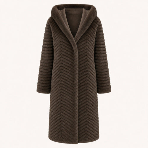 Lange Geribbelde Faux Fur Jas - Capuchon - One Size - Donkerbruin