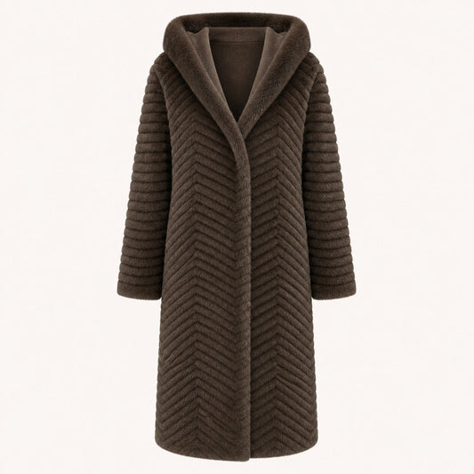 Lange Geribbelde Faux Fur Jas - Capuchon - One Size - Donkerbruin