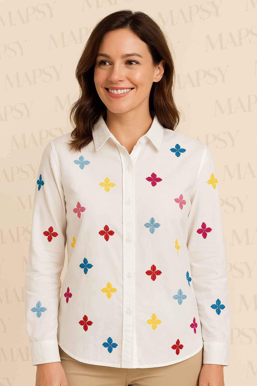 Suzzy & Milly Vrolijke Blouse – Witte Blouse met Kleurrijke Geborduurde Bloemen (S/M/L) - Mapsy B.V