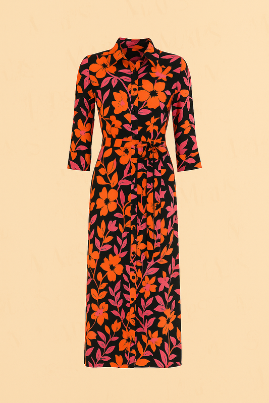Angelle Milan Maxi Jurk – Zwart-Oranje Bloemenjurk met Ceintuur (S t/m XXL) - Mapsy B.V