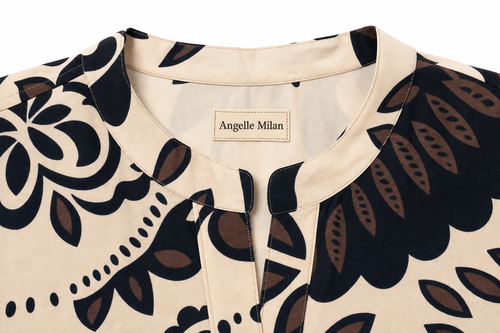 Angelle Milan Travelstof Jurk - Crème Zwart Bruin Botanische Print