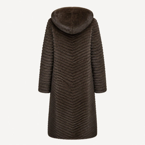 Lange Geribbelde Faux Fur Jas - Capuchon - One Size - Donkerbruin