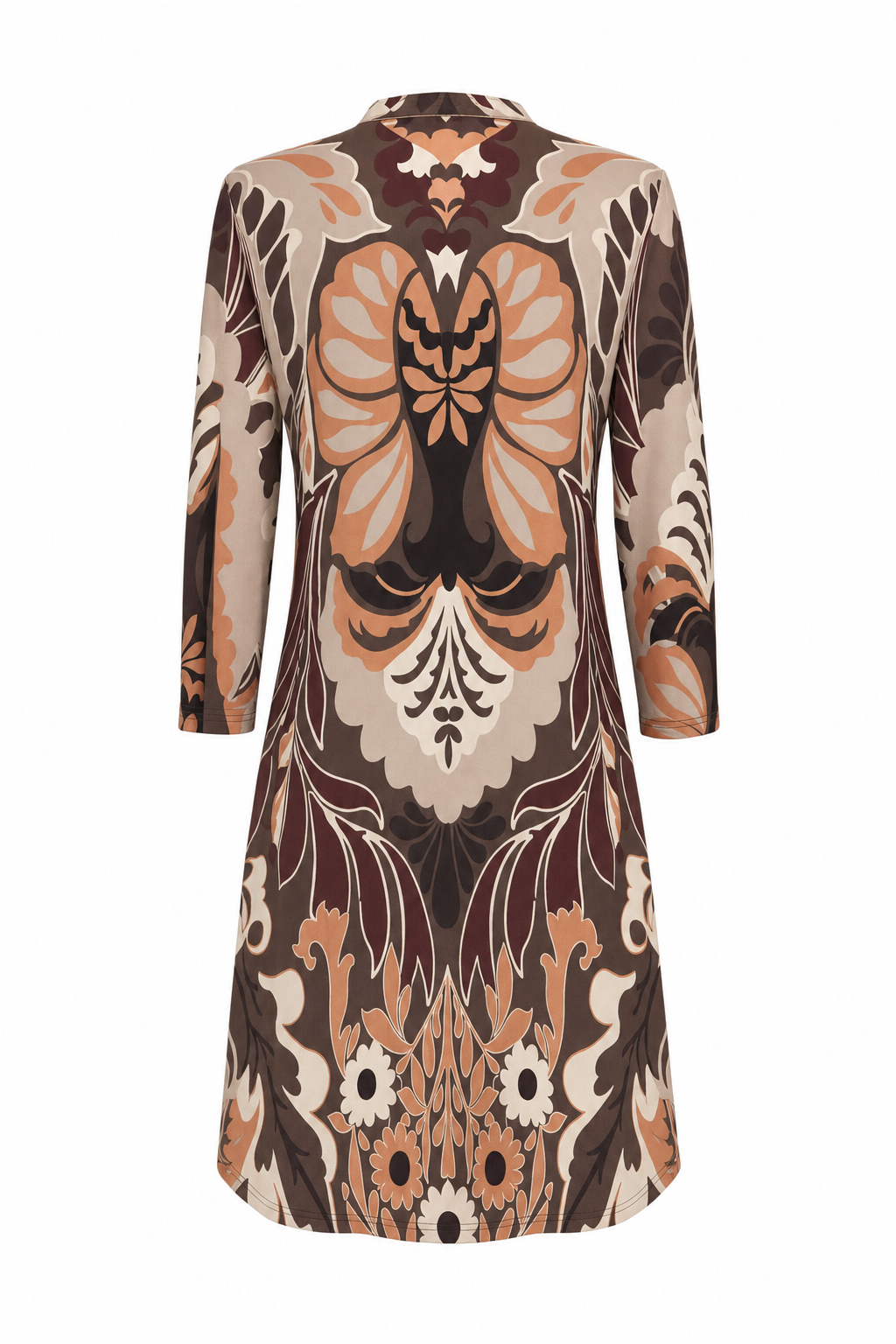 Angelle Milan Travelstof Jurk - Bruin Perzik Ornamentprint