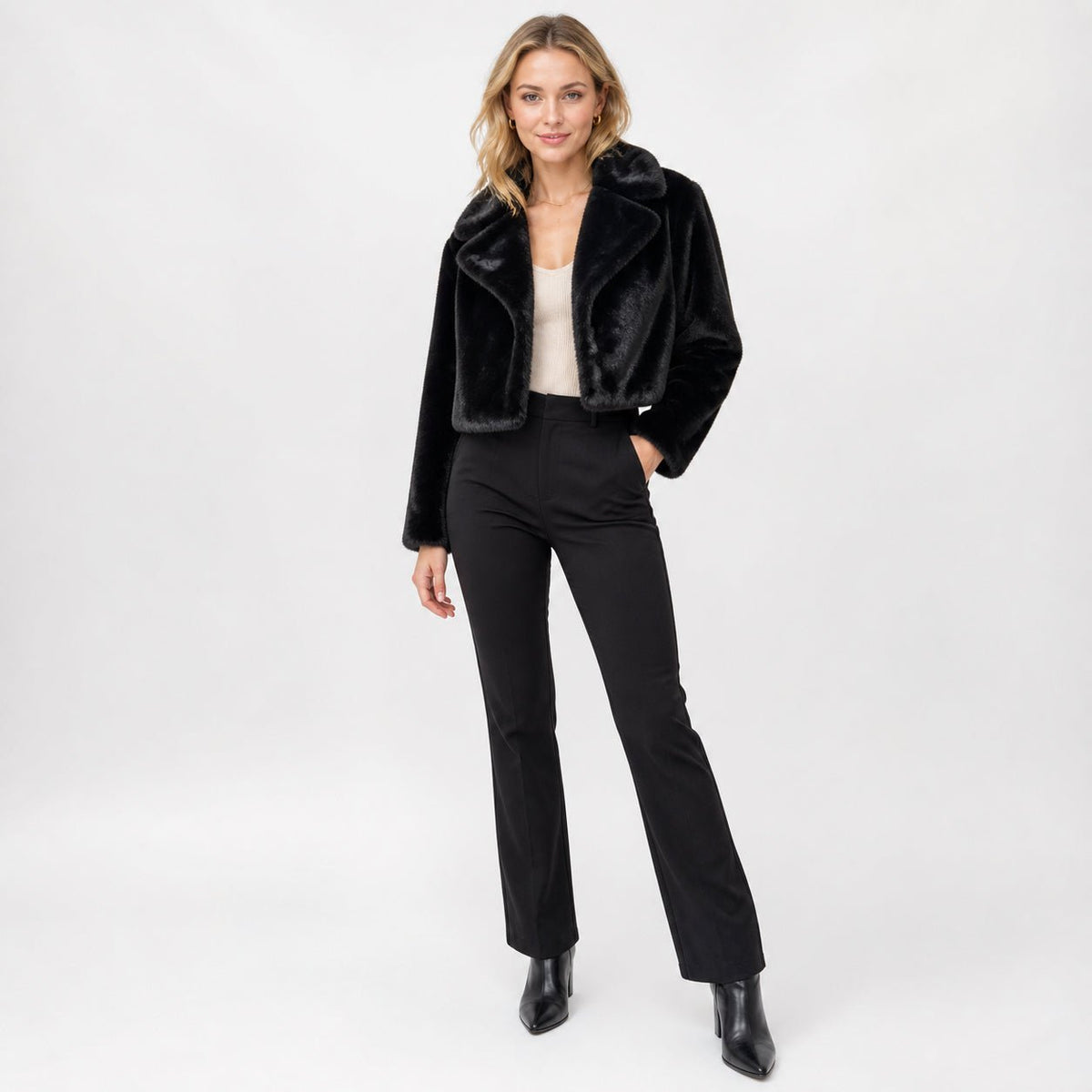 Faux Fur Jas Kort - One Size - Zwart & Beige