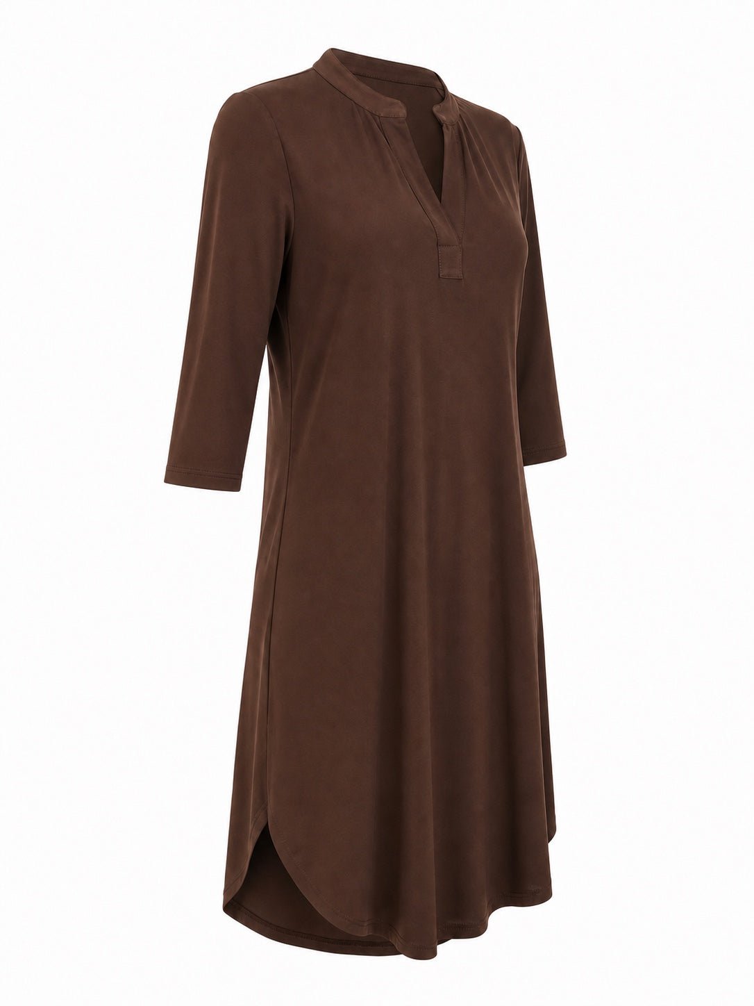 Angelle Milan Travelstof Jurk - Chocoladebruin Effen - Driekwart Mouw