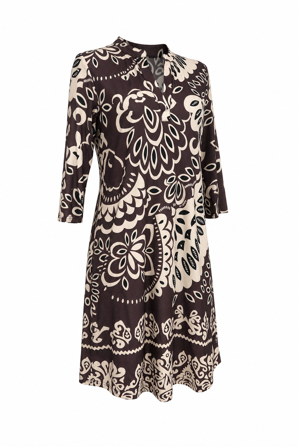 Angelle Milan Travelstof Jurk - Chocolade Crème Botanische Print