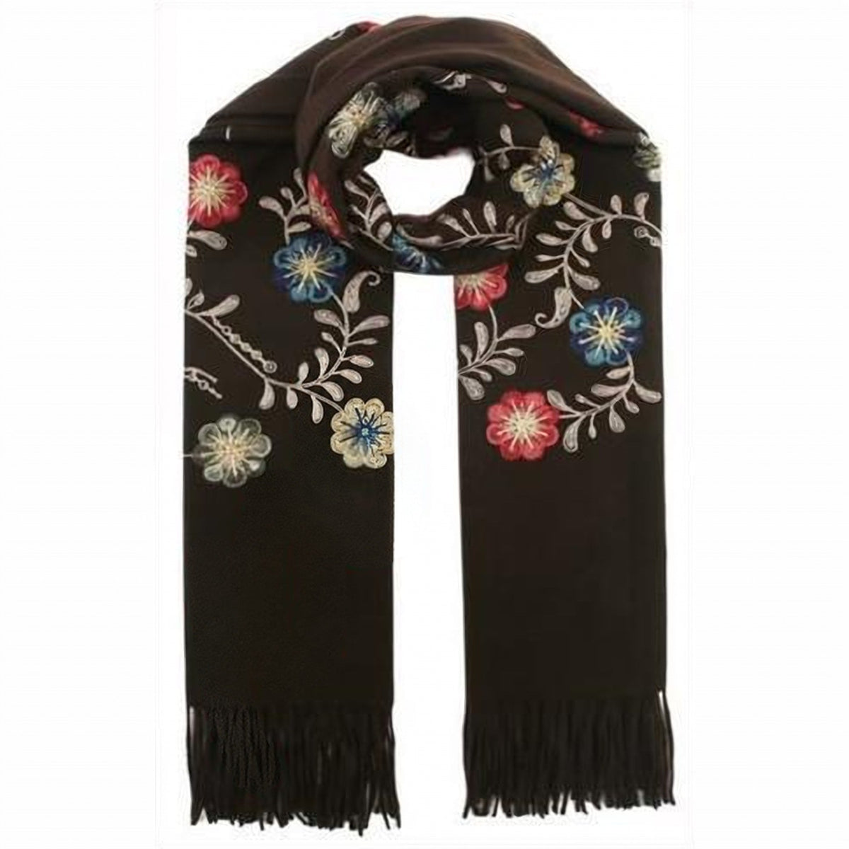 Viscose-Wol Sjaal met Bloemenborduursel - 72x180 cm