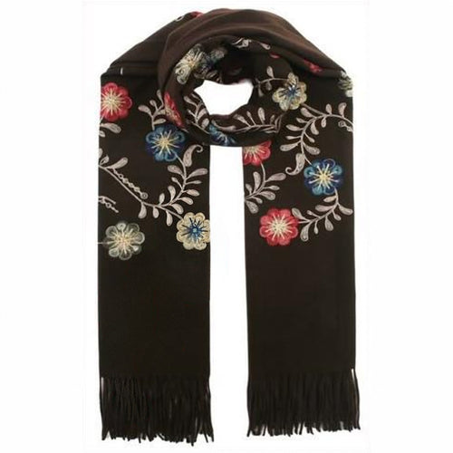 Viscose-Wol Sjaal met Bloemenborduursel - 72x180 cm