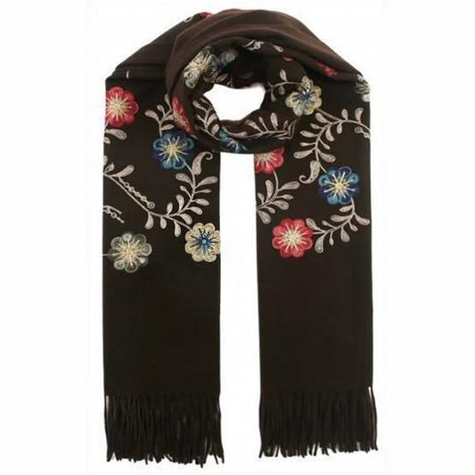 Viscose-Wol Sjaal met Bloemenborduursel - 72x180 cm