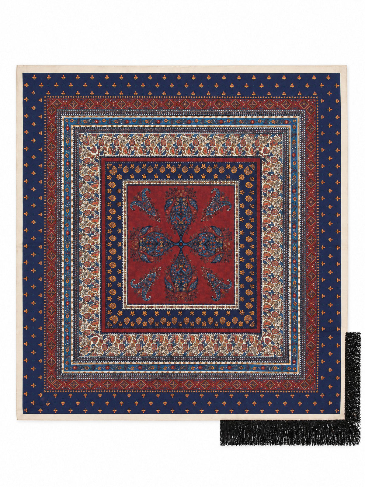Paisley Medaillon Sjaal met Franjes - Navy/Bordeaux