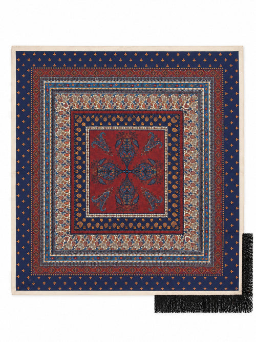 Paisley Medaillon Sjaal met Franjes - Navy/Bordeaux