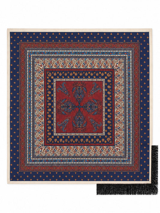 Paisley Medaillon Sjaal met Franjes - Navy/Bordeaux