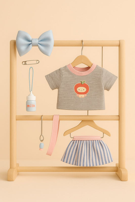 Labubu Outfit - topje met aapprint, blauw gestreept rokje, strik en melkfles tasje