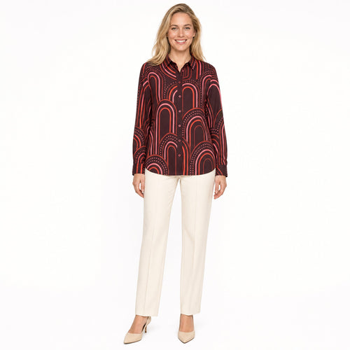 Angelle Milan Travelstof Blouse - Bordeaux Koraal Grafische Print